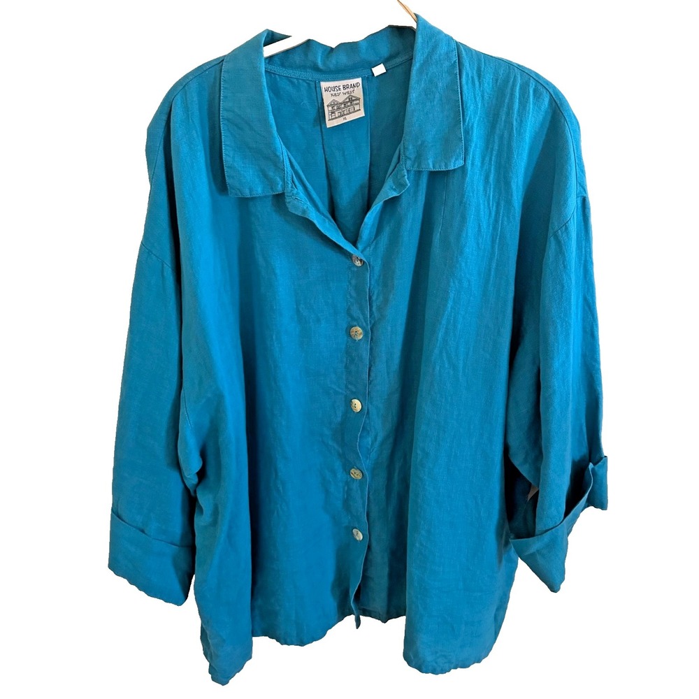 House Brand Key West Vintage Blue Casual Button-Up Shirt 100% Linen XL Pearl